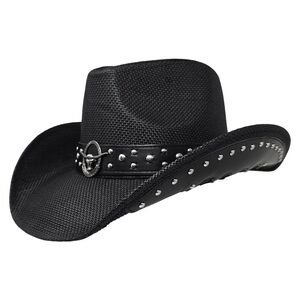 Metal Steer Head Emblem Studded Leather Band Western Straw Cowboy Fedora Hat